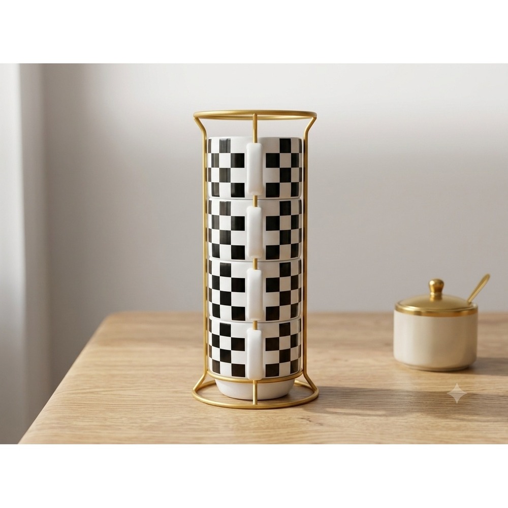 Unbranded Set Of 4 Stacking Mugs Black White Checkered Ceramic With Gold Rack